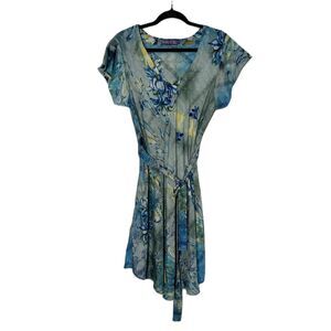 Indie Ella Women's BOHO Watercolor Floral Mini Dress Size M Asymmetrical Hem
